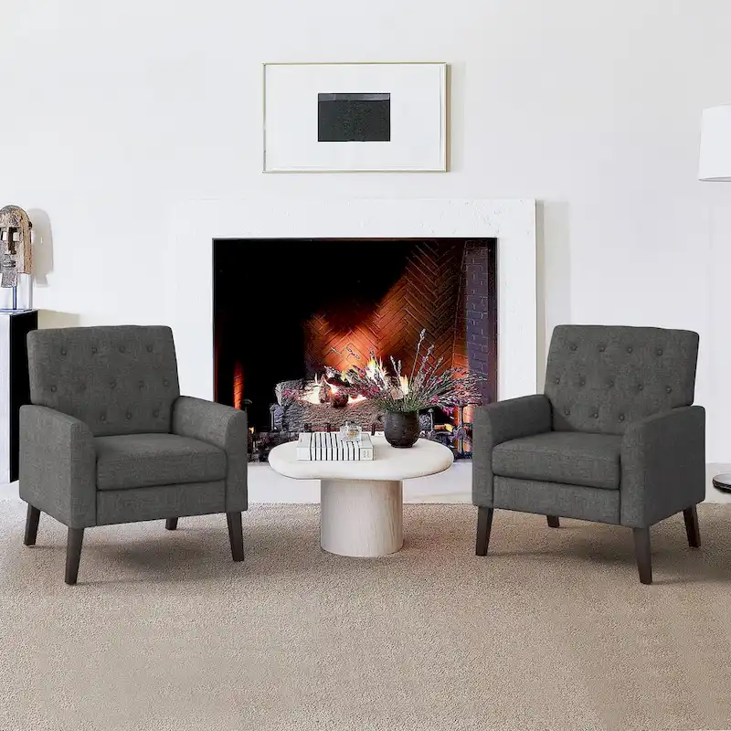 LUE BONA Linen and Walnut Legs Mid Century Modern Button Tufted Accent Chair (Set of 2) - 33.86 H X 27.95 W X 29.53 D