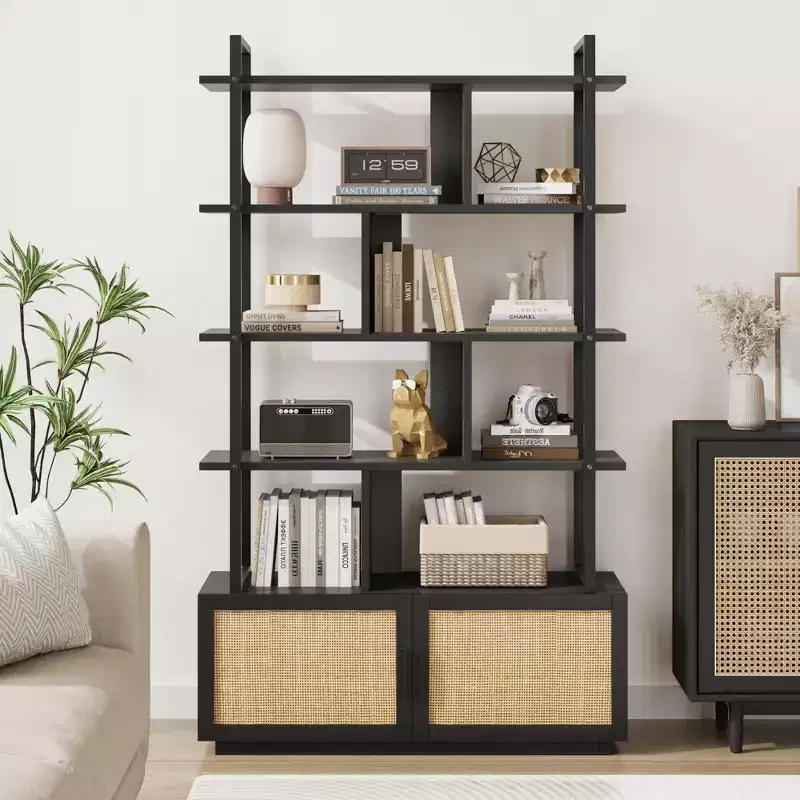 Rattan Bookshelf 71.1 Tall  5 Tier Industrial Bookcase with Storage Cabinet & Door, Open Display Shelves, Metal Frame  Farmhouse Boho Shelf