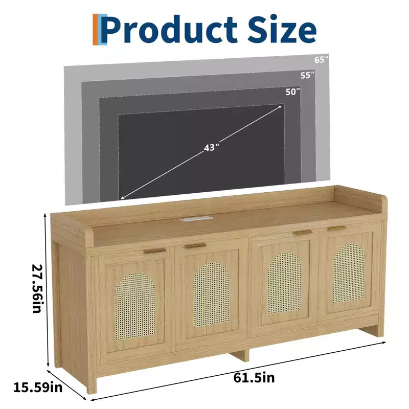 Mid Century Modern TV Stand for 65 Inch TV, Modern Entertainment Center with Storage Cabinet & 4 Doors, 59 Inch Console Table for Living Room