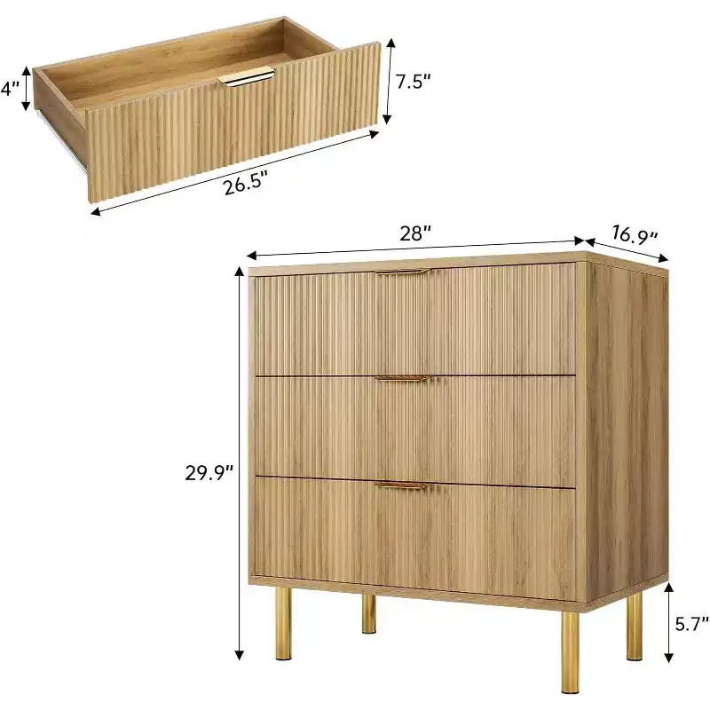 Modern 3 Drawer Dresser for Bedroom Sturdy Metal Legs - Large Storage Capacity Hallway, Office and Living Room