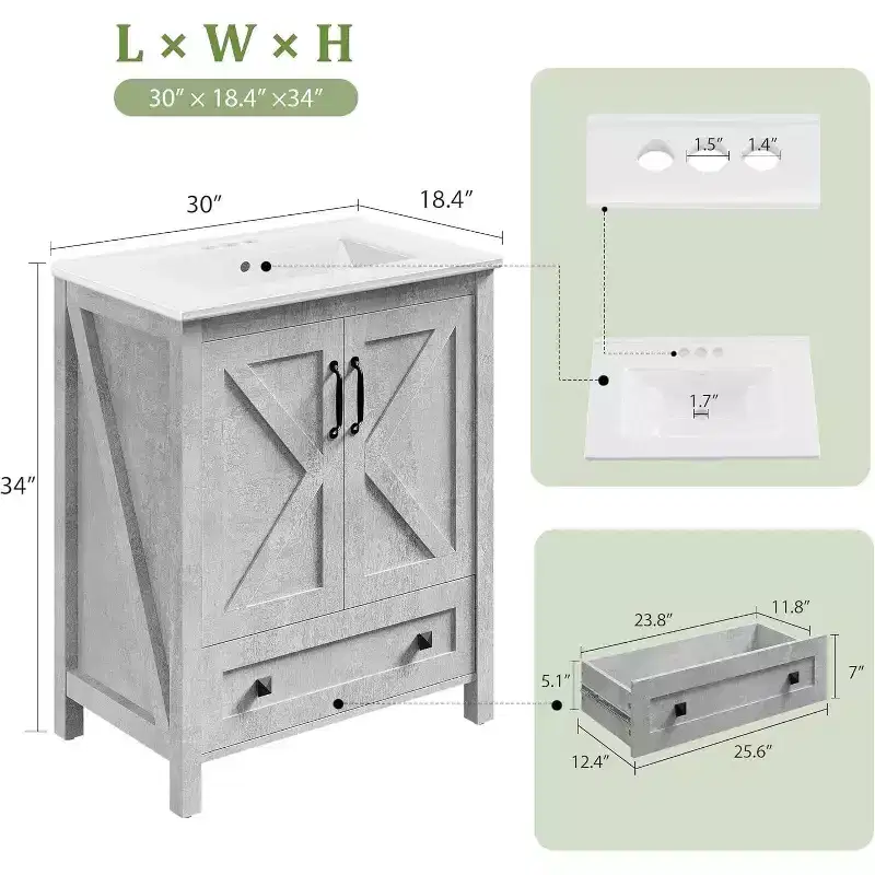 24 Bathroom Vanity with Ceramic Sink & Soft-Close Door - Space-Saving Storage Cabinet for Small Bathrooms