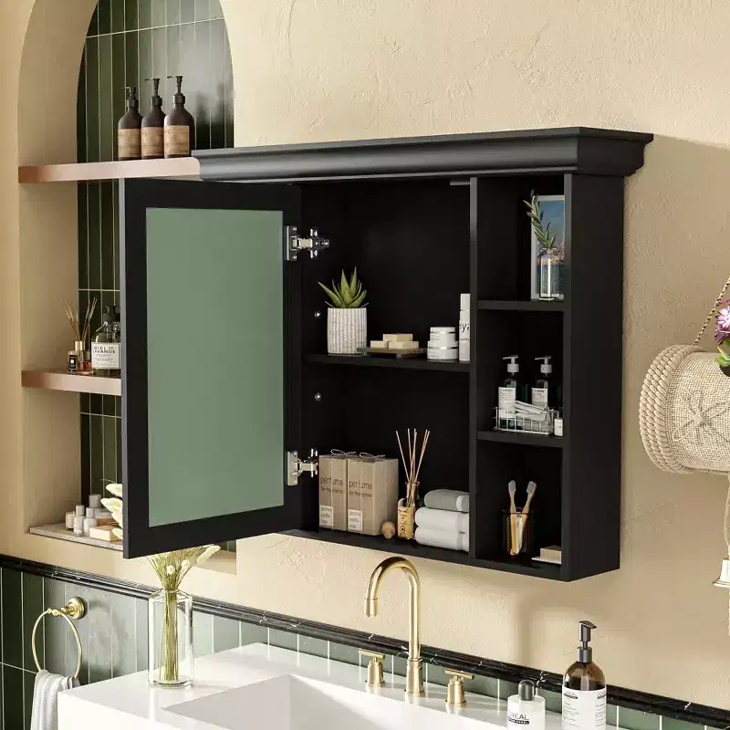 35 x 28 Wall Mounted Medicine Cabinet with Mirror Door and 6 Open Shelves, Modern Bathroom Cabinet