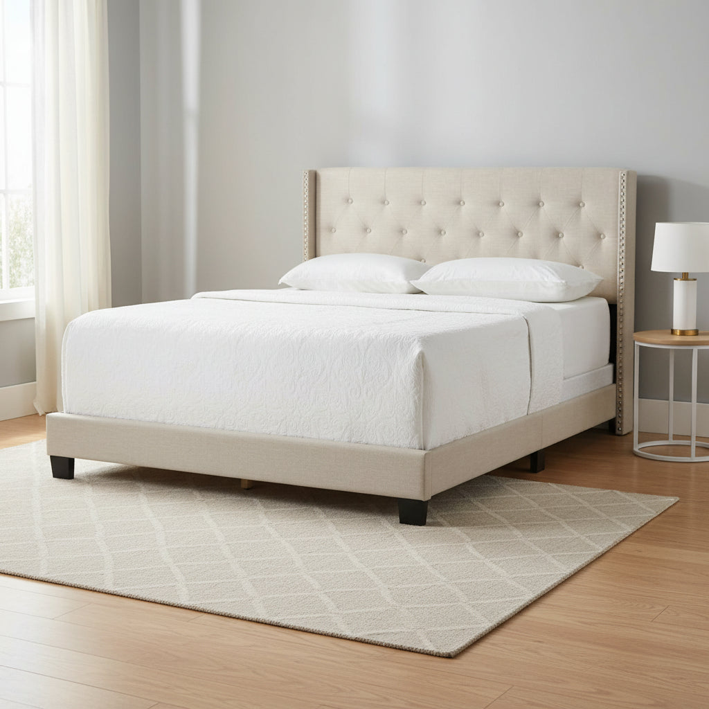 Beige Fabric Bed with Button Tufting and Nail Headed Wings