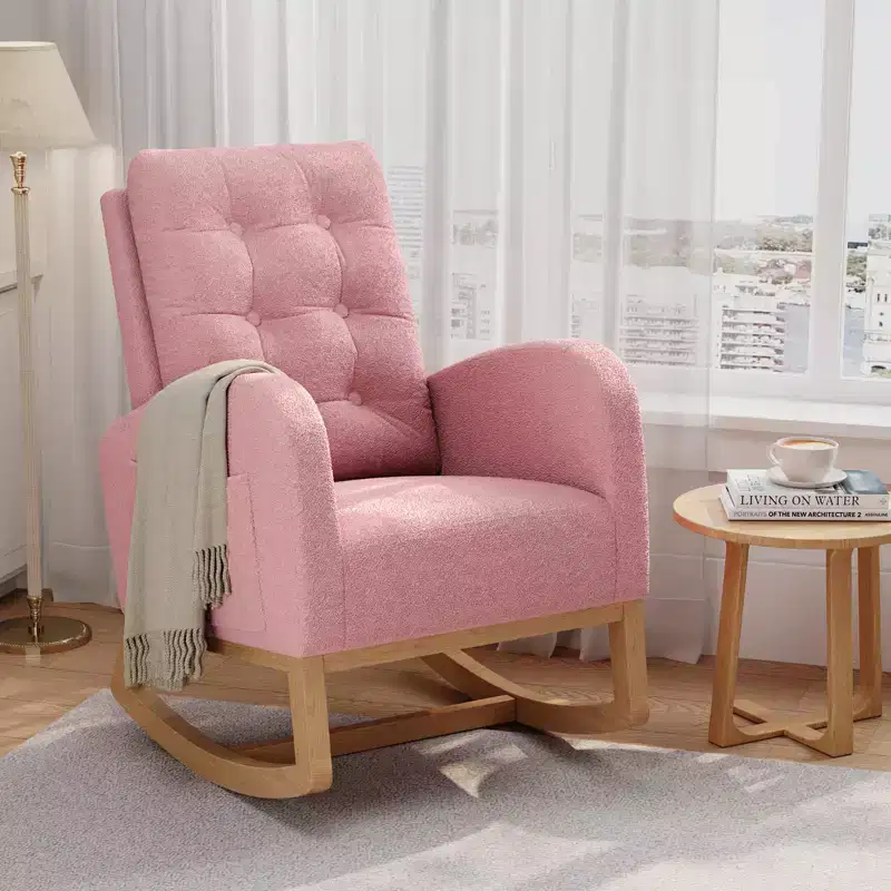 Nursery Rocking Chair with Adjustable Footrest, Linen High Back Glider Rocking Chair with Wooden Legs for Living Room, Bedroom & Nursery
