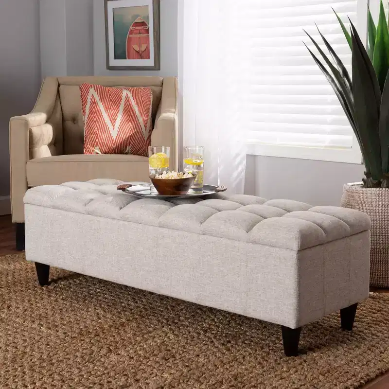 Brette Fabric Upholstered Finished Wood Storage Bench Ottoman Cream - Baxton Studio: Mid-Century Modern, Tufted, Lift-Top