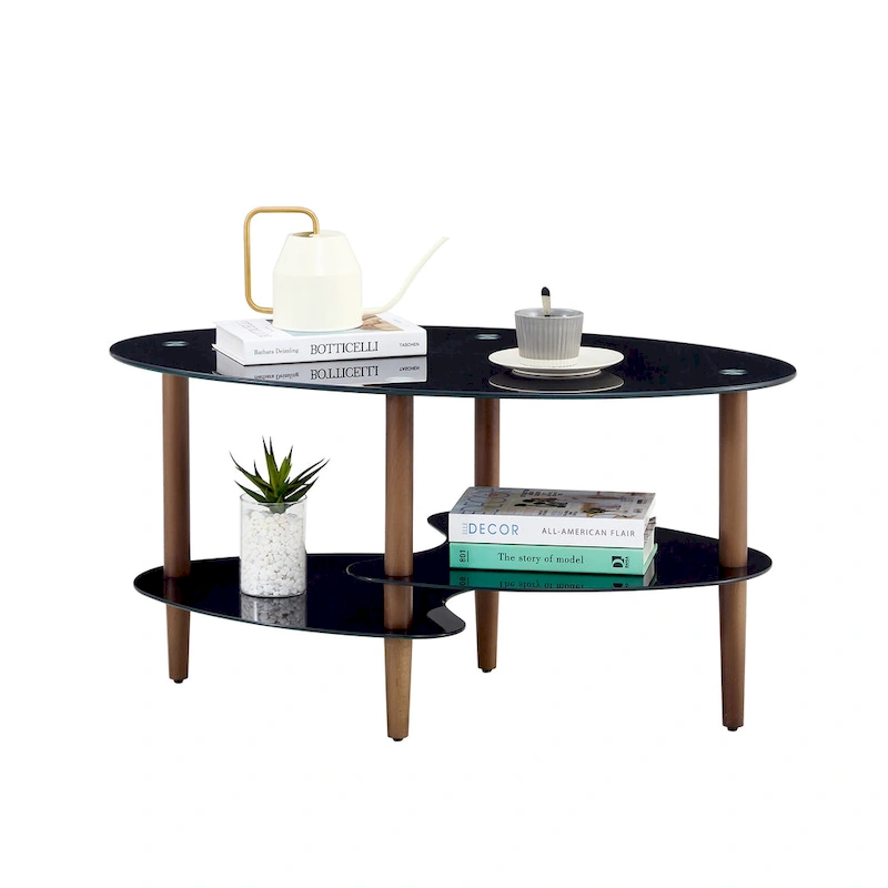 Oval glass coffee table, Transparent coffee table, modern table in living room with Oak wood legs, tea table