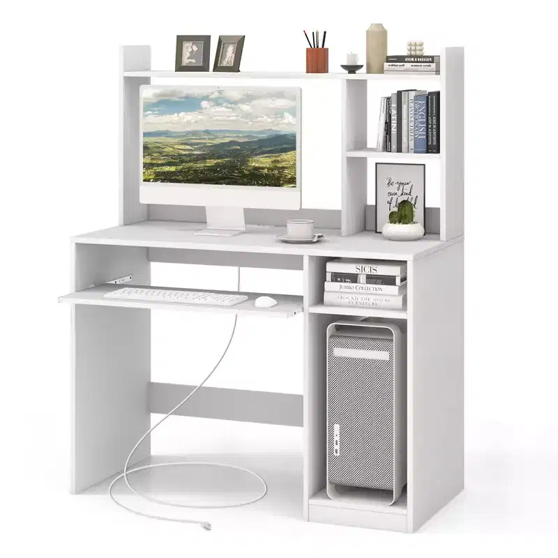 Computer Desk with Charging Station Hutch and CPU Stand White