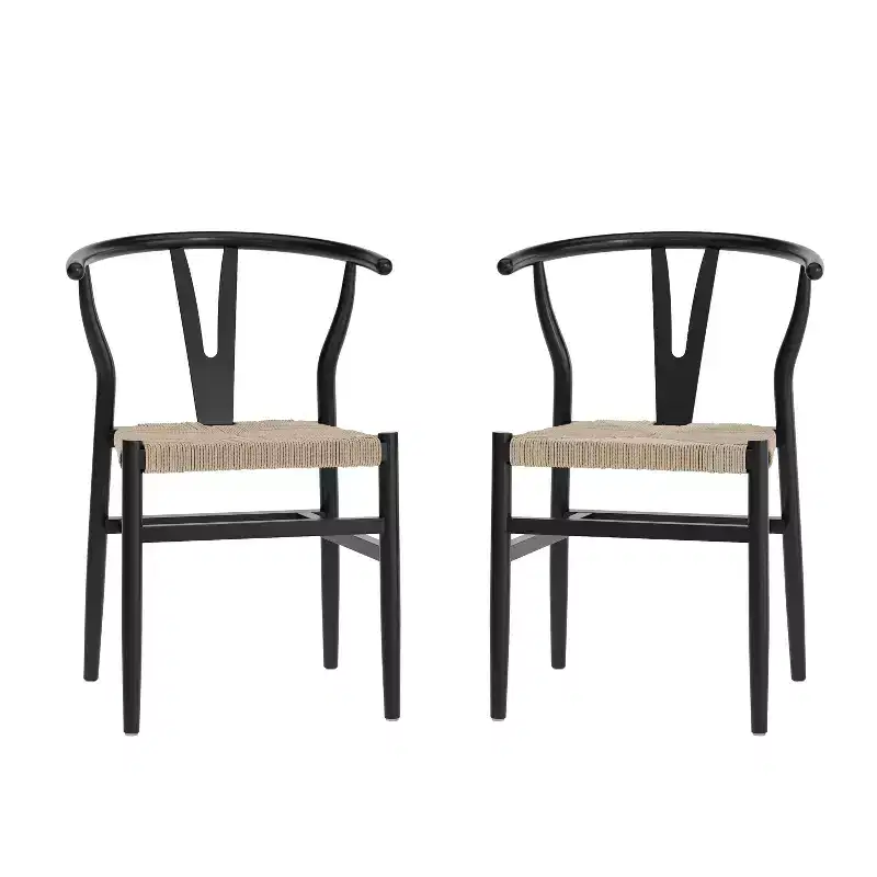 Set of 2 Stackable Y-Back Dining Chairs with Solid Wood Frame & Woven Kraft Paper Rope Seats