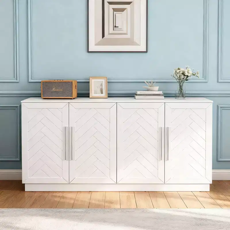 Hostack Sideboard Buffet Cabinet with Storage, Adjustable Shelves and Silver Handles for Dining Room, White