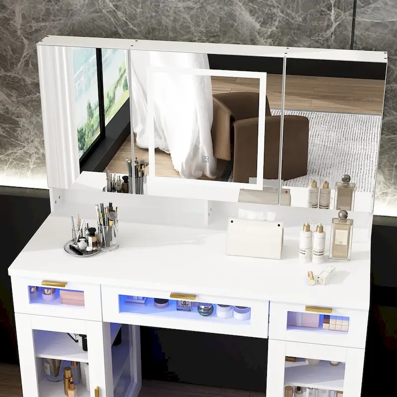 White Vanity Table with LED Lights, Tri-Fold Mirror & Drawers – Single Seat