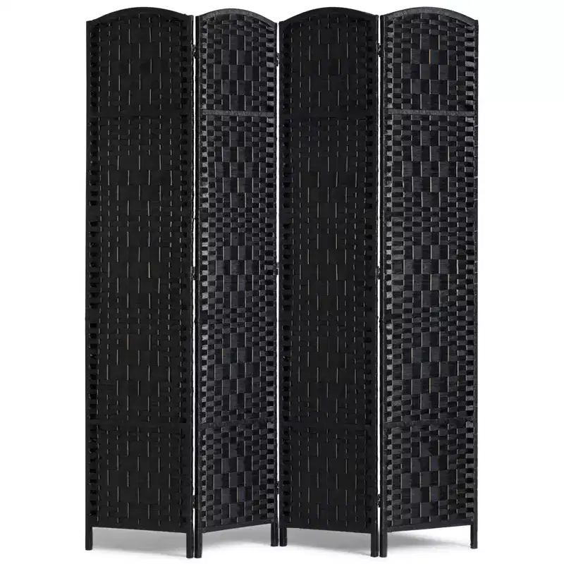 4 Panel Room Divider, Hand-Woven Folding Privacy Screens with Hinges, Portable and Freestanding Partition Room Dividers and Wall Divider,Black