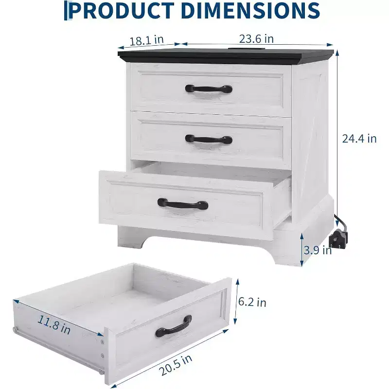 24-inch Wide Country-style Bedside Table and Side Table with a Charging Station and 3 Large Drawers, Small Space, White Side Table, One Pack