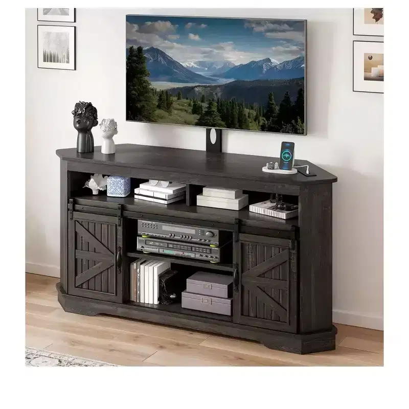 TV Stand with Mount for 70 Inch TV, Corner Entertainment Center with Sliding Barn Doors & Power Outlet , Media Console Table for Living Room