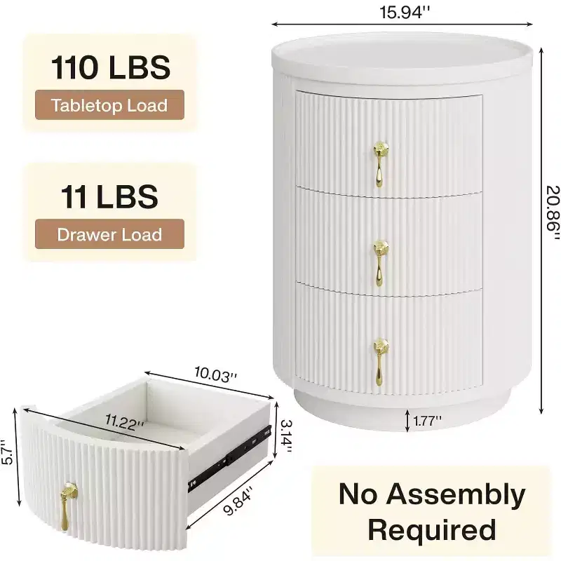 Lantine 3 Drawers Nightstand Set of 2, No Assembly Bedside Table for Bedroom, Small Round End Side Table with Storage and Gold Handles