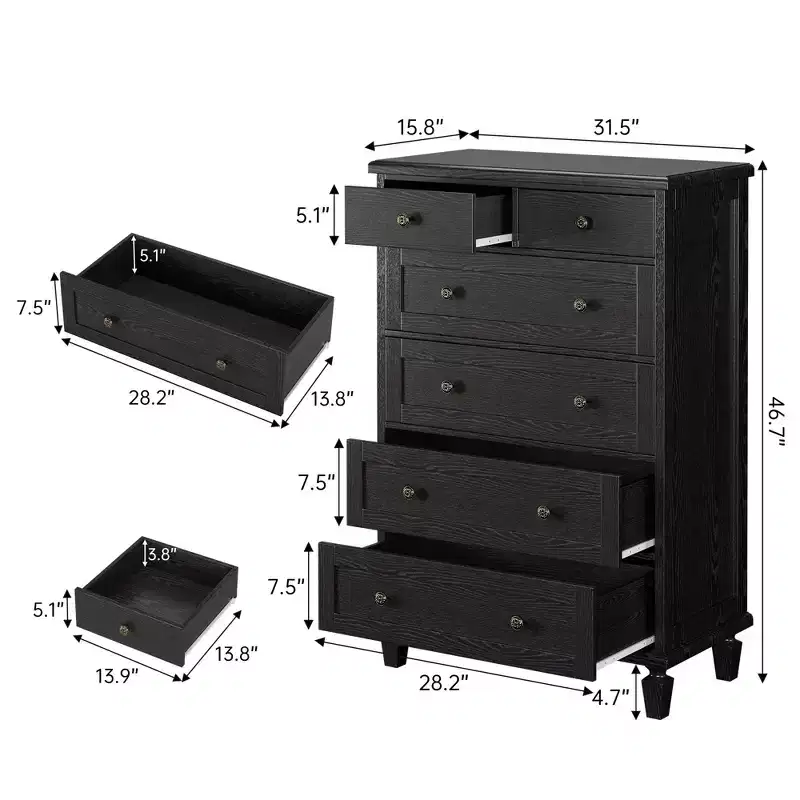 47 Tall Dresser with Carved Handles and Tapered Legs Design for Bedroom