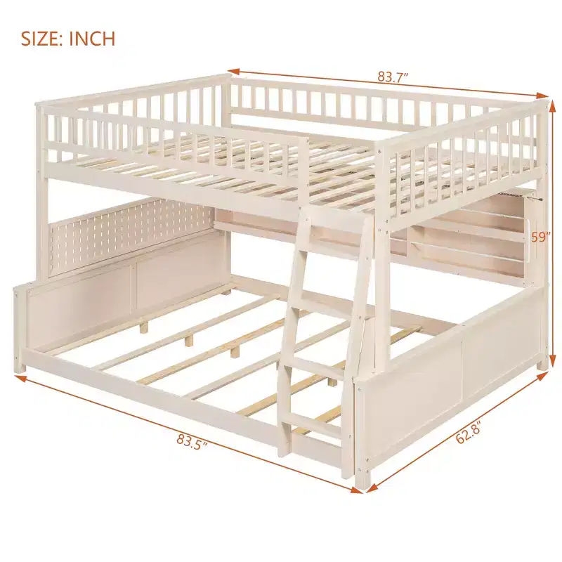 Full Xl Over Queen Low Bunk Bed With Built In Lighted Shelves And Pegboard