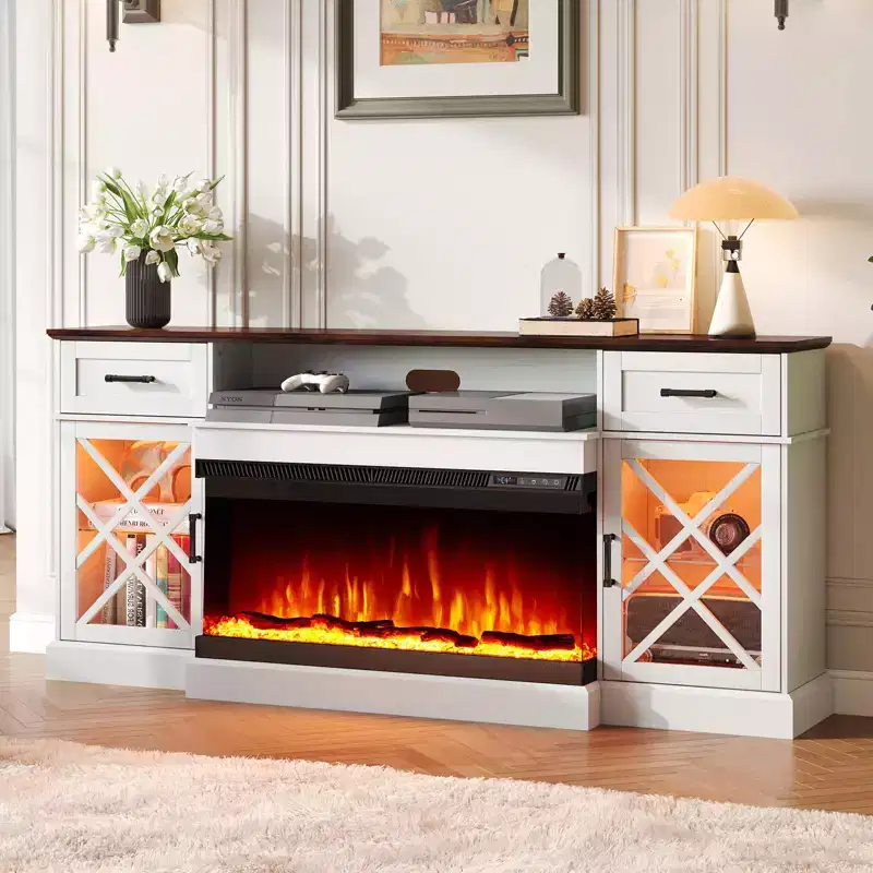 AMERLIFE Farmhouse LED Fireplace TV Stand with 3-Sided Glass Fireplace