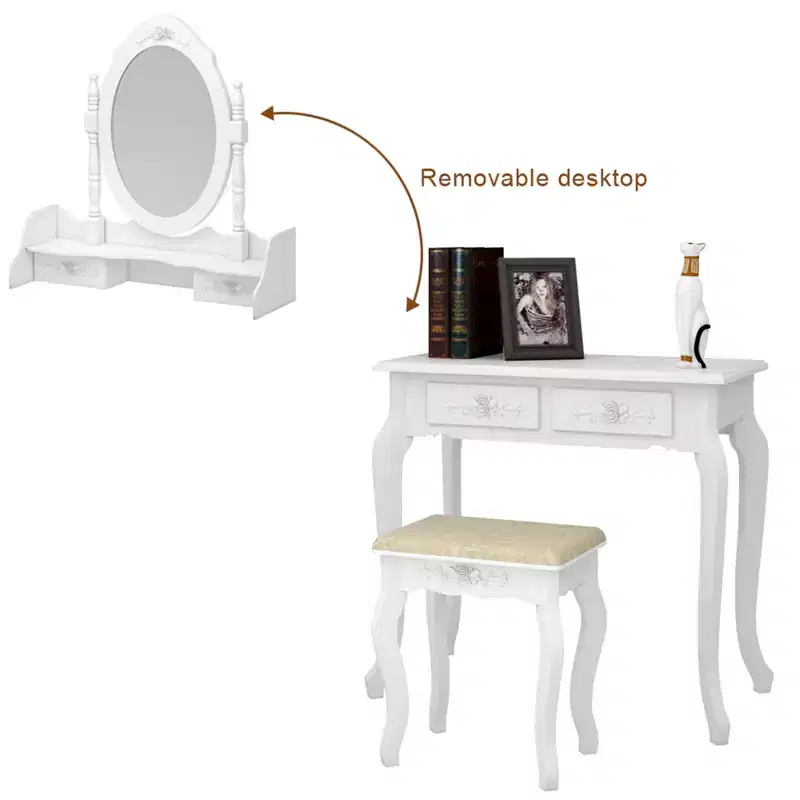 Schminktisch mit Hocker, Frisiertisch mit 360 drehbarem Spiegel, Kosmetiktisch mit gepolstertem Hocker & 4 Schubladen