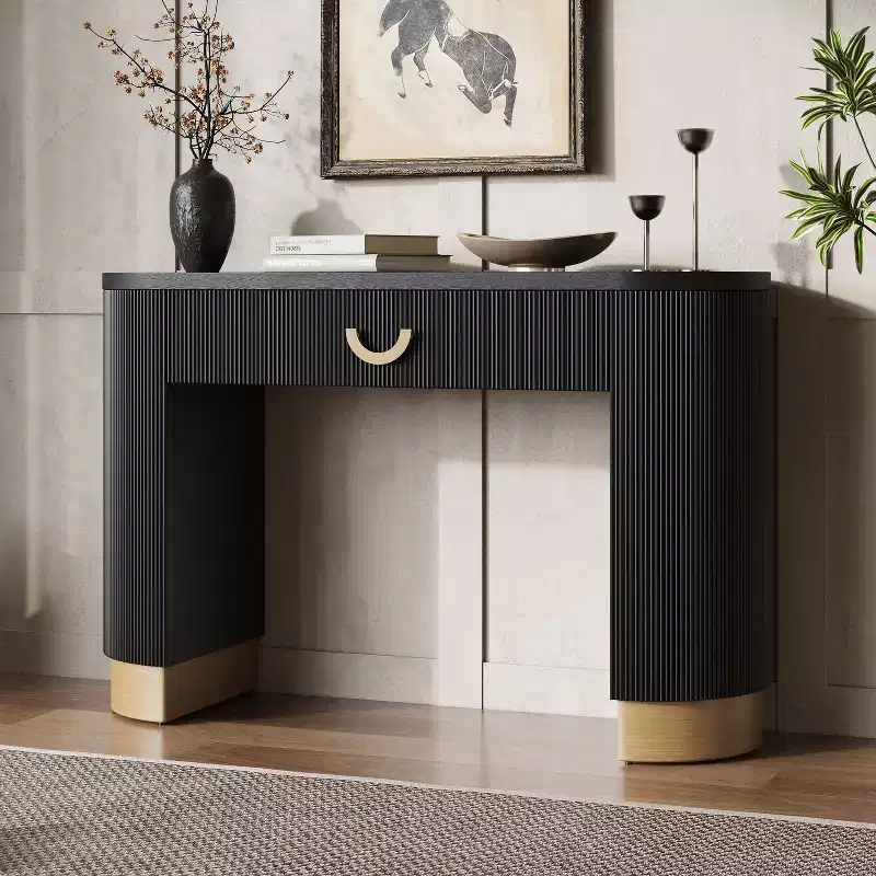 Okak Modern Console Table with Vertical Ribbed Design, Entryway Table with 1 Large Drawer and Metal Handle, Sofa Table for Living Room, Black+Gold