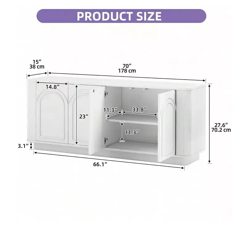 TV Stand for TVs up to 75/80inch, Modern Entertainment Center with Storage , Curved TV Media Console with Shelves for Living Room, White