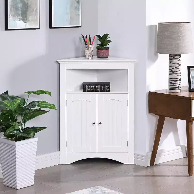 AndMakers White Wood 32.3 in.H Storage Corner Cabinet with Shelves and Storage