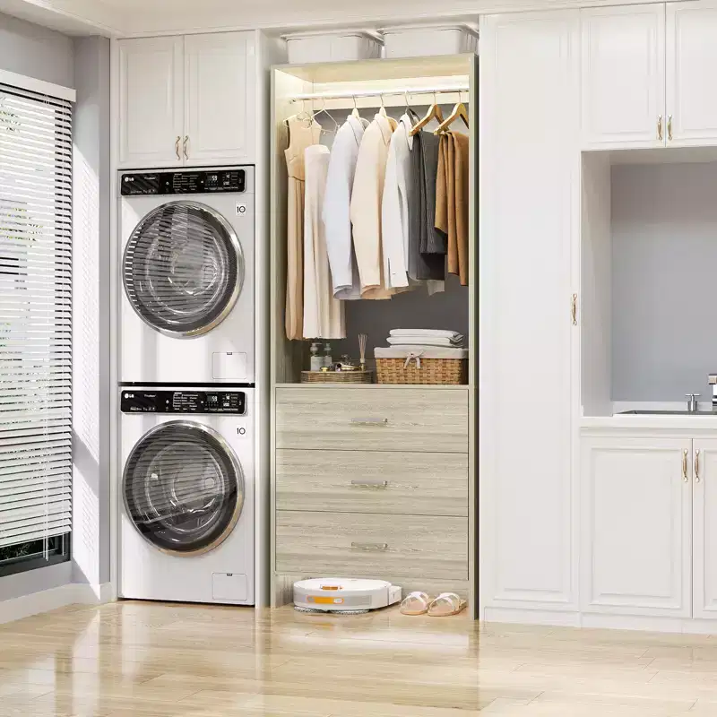 Freestanding Closet Organizer System with 3 Wooden Drawers & Hanging Rod