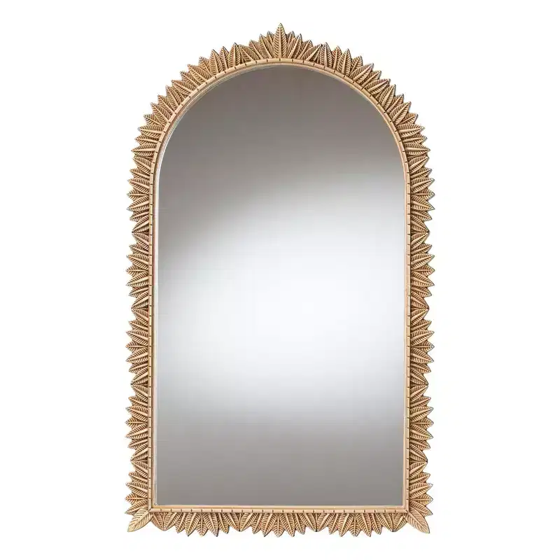 Antique Gold Finished Wood Arch Accent Wall Mirror with Carved Leaf Border