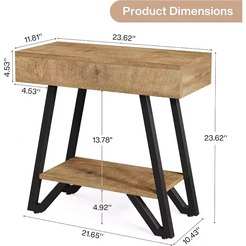 Lantine End Side Table: Narrow design with storage shelves, suitable for living room, bedroom, small spaces; natural finish.