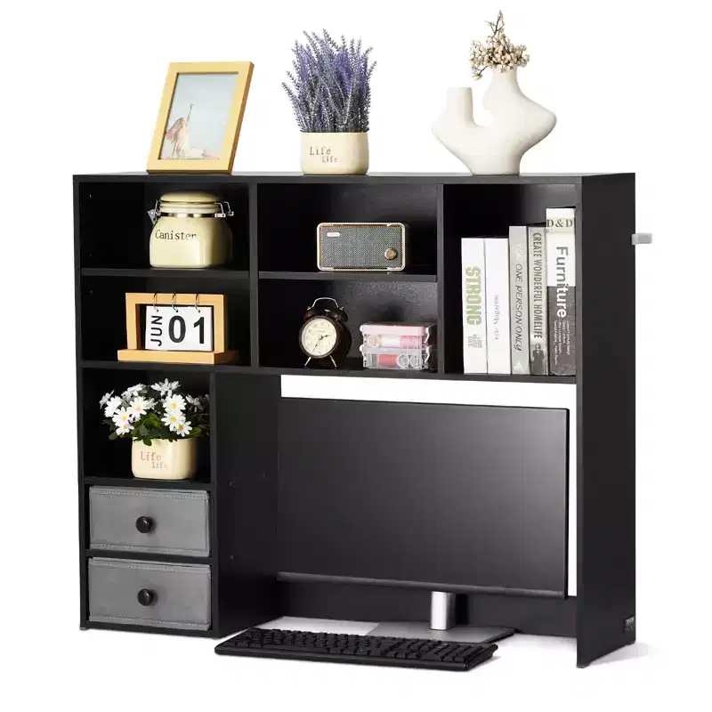 Desktop Bookshelf, 3-Tier Desktop Storage Organizer, 37 x 10 x 31.1 Office Storage Rack Wood Display Shelf, Desktop Bookshelf Hutch, Black