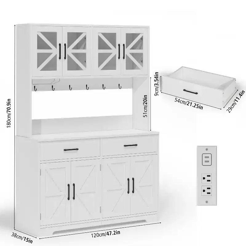 Dyonery white minimalist food storage cabinet, with glass cabinet doors, features 8 spacious storage zones and 2 drawers.