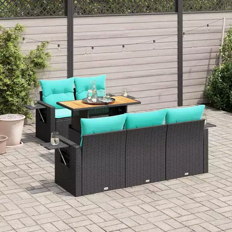 vidaXL Patio Sofa Set with Cushions Table and Sofa Sections 6 Piece Poly Rattan - Black