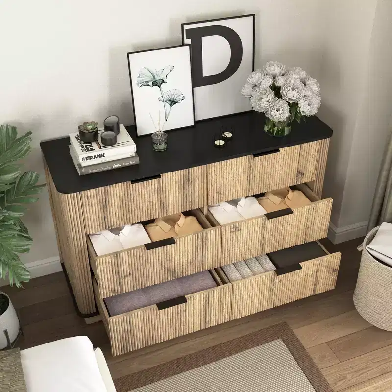 JVNOXK47.20-inch Modern Multifunctional Six-Drawer Cabinet with Rounded Corners, Suitable for Sideboard, Storage Cabinet, Natural Wood