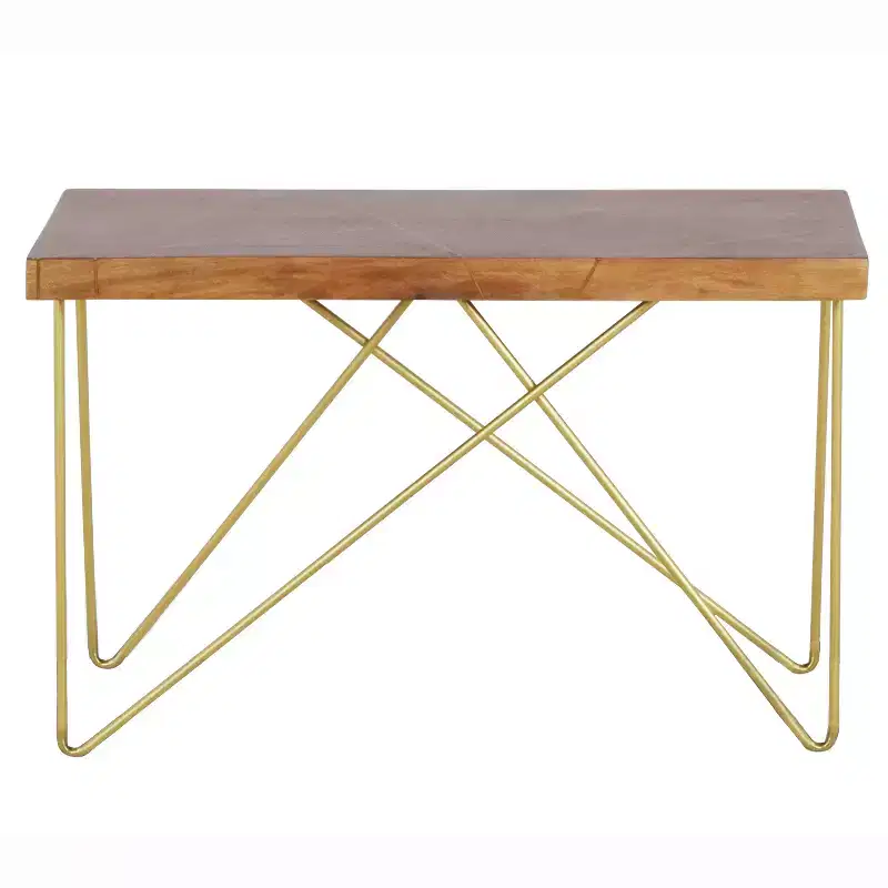 Steve Silver Walter Sofa Table Mango Wood Top with Brass Inlay and Base: Crisscross Metal Legs, Wood Veneer, Modern Glam Design