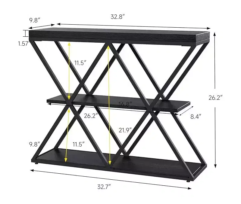3-Tier Industrial Console Table with x-Shaped Metal Frame, Open Shelf Console Sofa Table for Living Room with Adjustable Feet