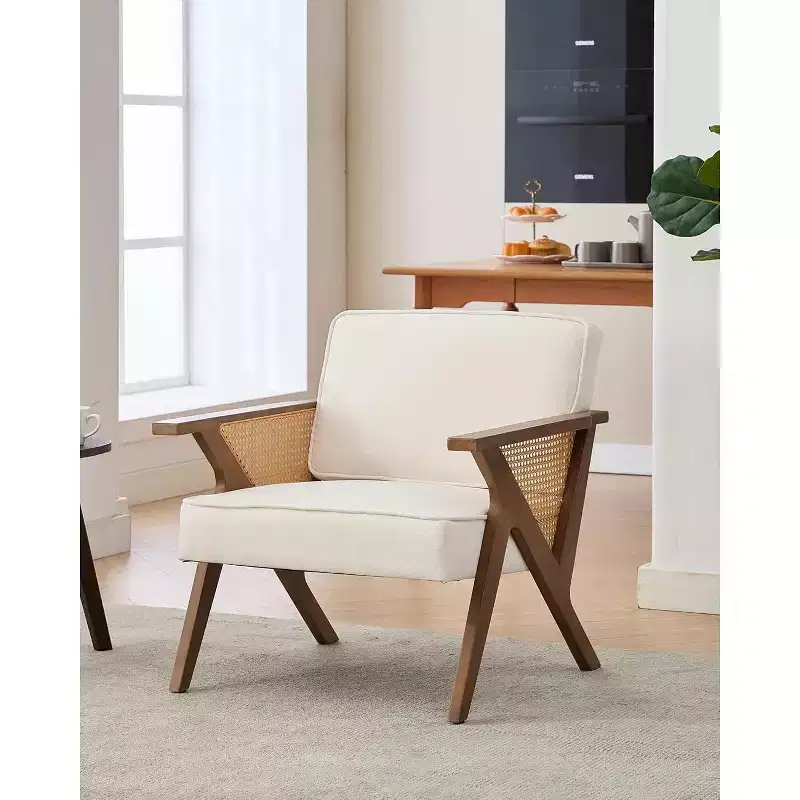 Mid-Century Rattan Lounge Chair, Linen Upholstered Vintage Armchair with So-Lid Wood Frame for Living Room/Bedroom, 286LB Capacity, Beige/Gray(1 PCS)