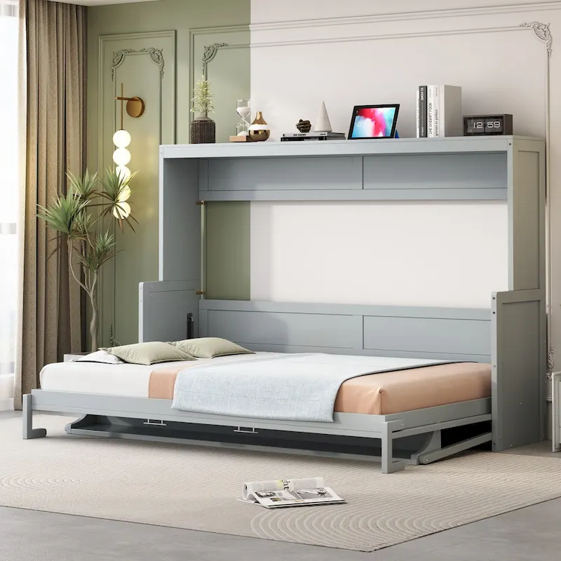 Wall Murphy Bed with Fold-Down Hydraulic Desk – White / Grey, Full / Queen, 1-2 Person Use