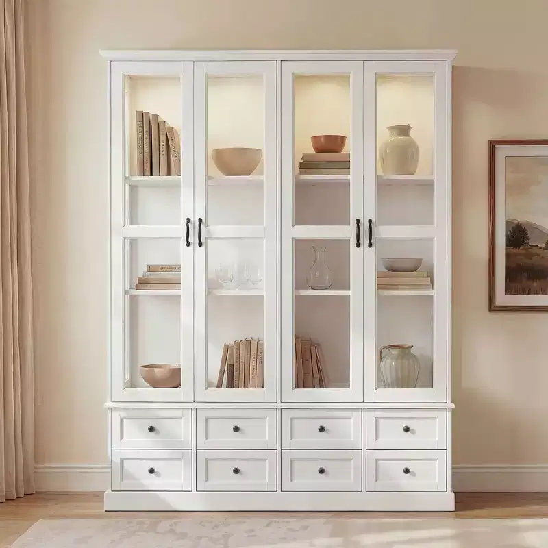 White Display Cabinet Bookcase with RGB LED Lighting, Drawers & Glass Doors