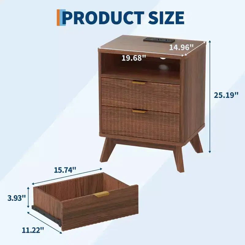 Modern Fluted Nightstand, Wood Bedside Table with USB Ports and Outlets, 2 Drawers and Open Shelf, Accent End Table