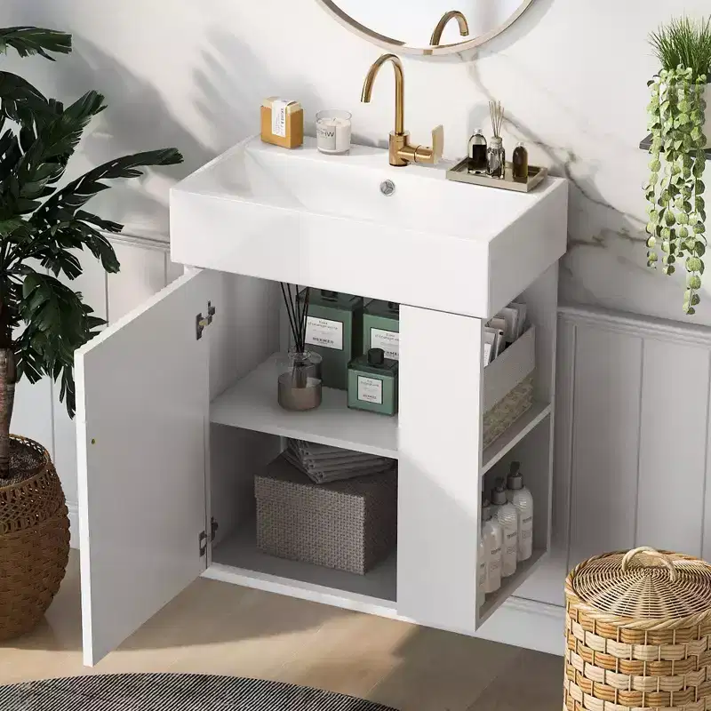 Floating Bathroom Vanity with Ceramic Sink & Side Storage, Wall-Mounted Cabinet