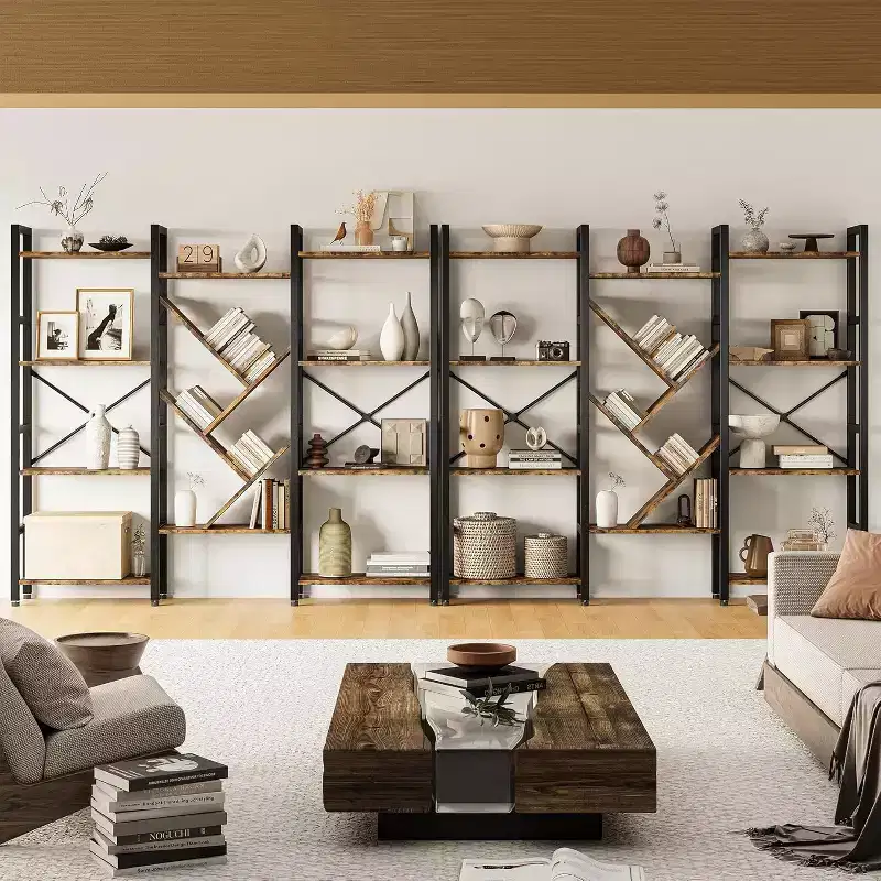 5 Tier Shelf Bookshelf, Display Book Shelf, Wide Bookcase, Rustic Wooden Shelving for Bedroom, Living Room, Home & Office Shelving