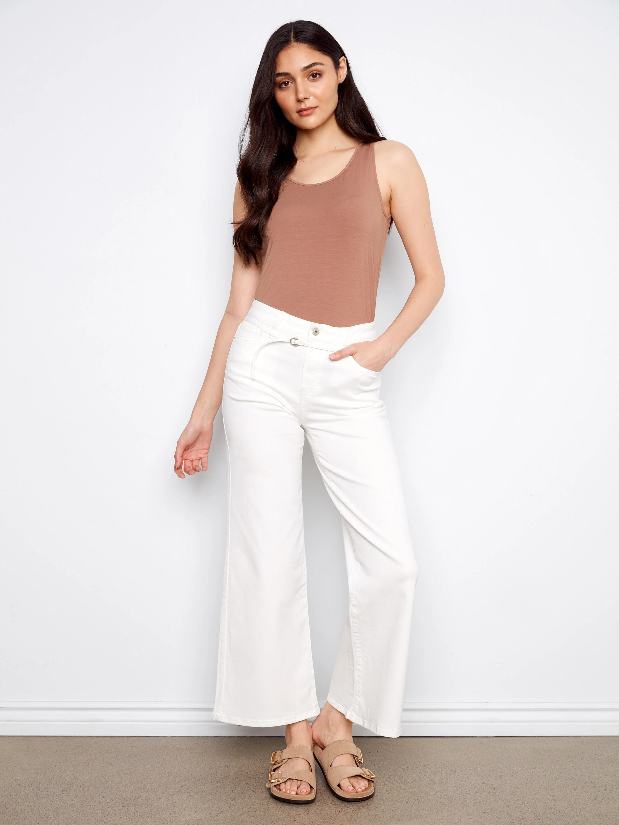 Belted Wide Leg Twill Pants - White