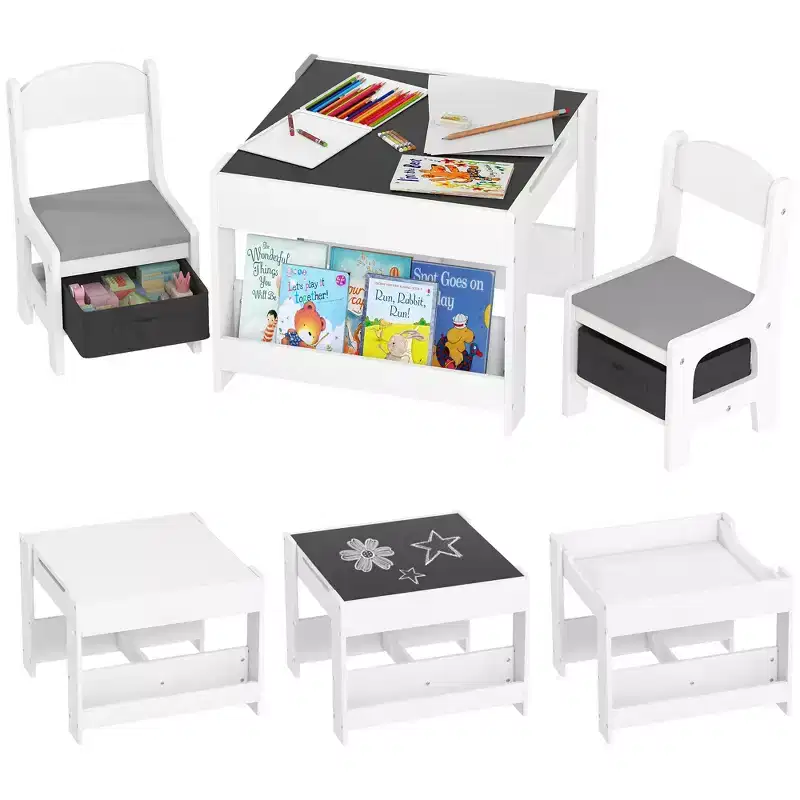 Qaba 3PCs Kids Table and Chair Set, 2 in 1 Toddler Table and Chair Set with Reversible Tabletop Blackboard, Storage & Bookshelves