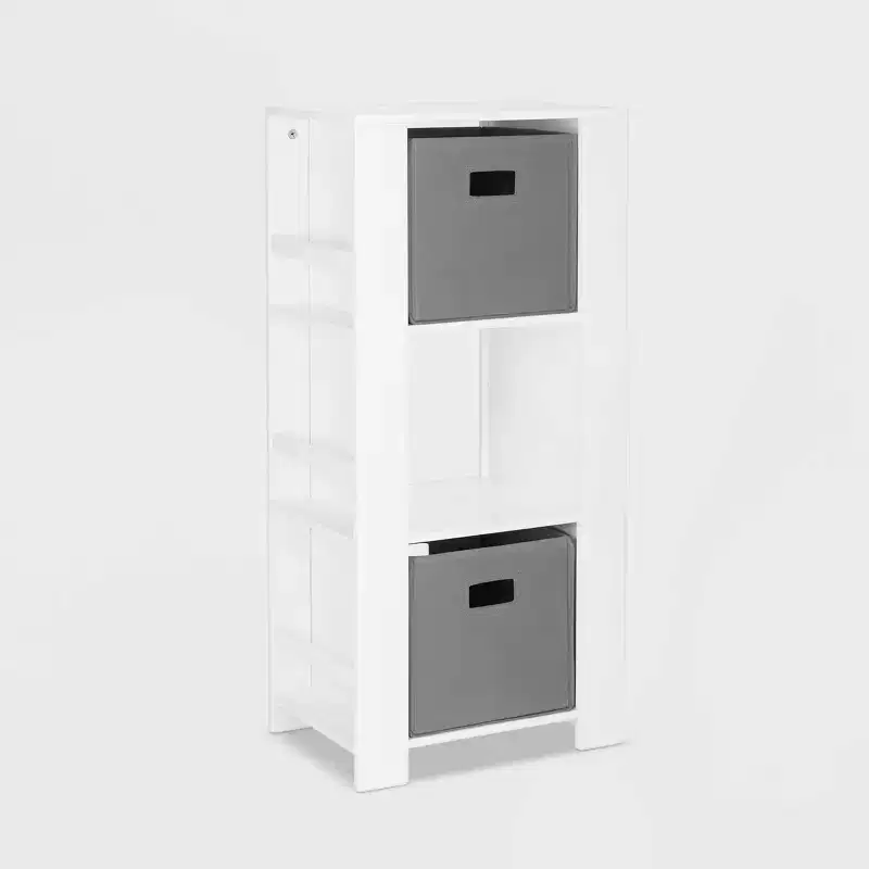 Kids' Bookshelf and Toy Organizer Tower with 3 Cubbies and 6 Bookracks White with 2 Fabric Bins
