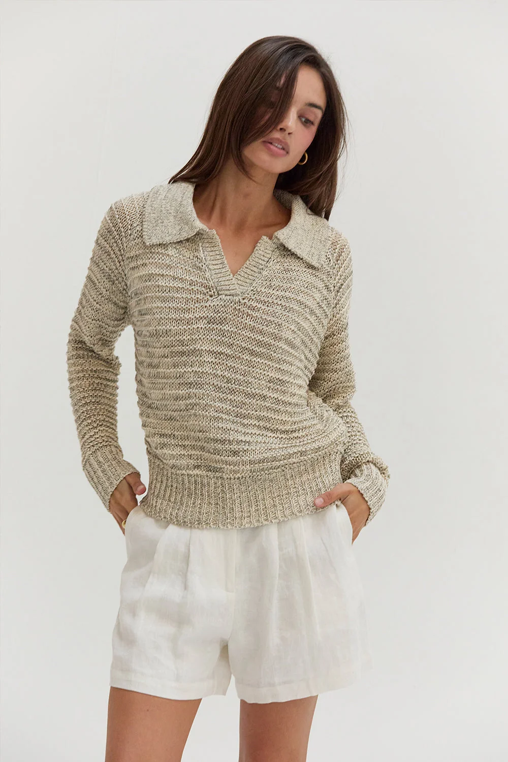 Marled Polo Collar V-Neck Knit Sweater Long Sleeve Relaxed Fit