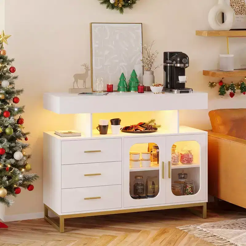 Modern Sideboard Buffet Cabinet with Auto-Sensor Lights & Built-in Charging Station, 3 Drawers & 2 Doors Storage Table for Dining Room, Kitchen