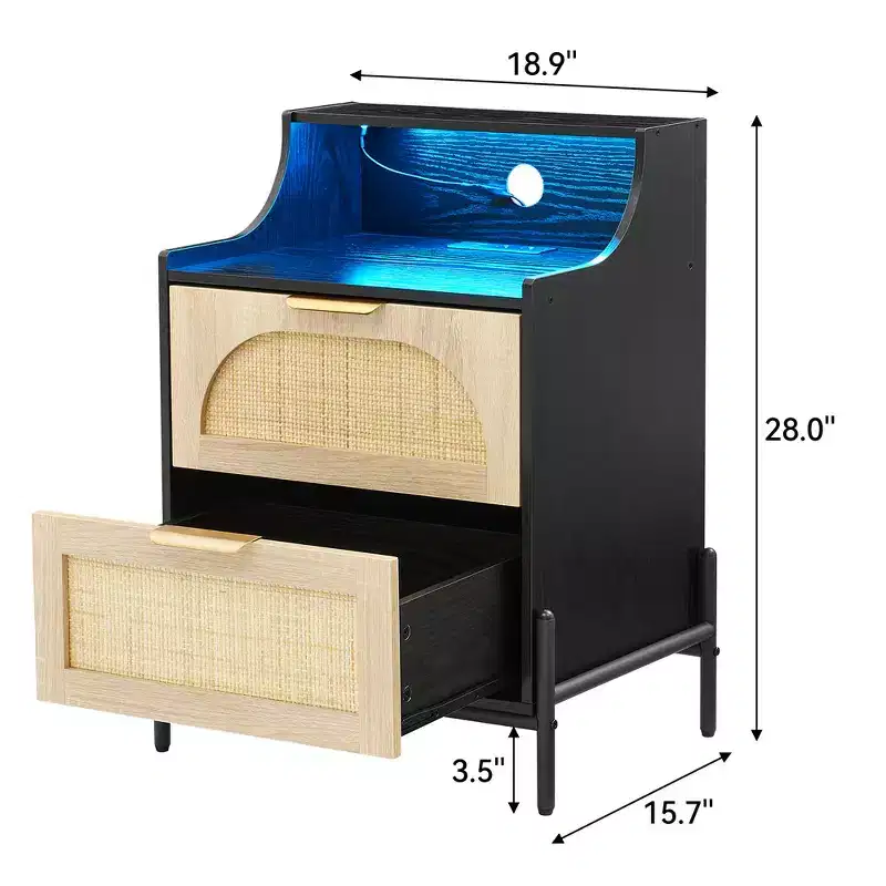 Rattan Nightstand with LED Lights and Charging Station, Black Bedside Table with 2 Storage Drawers for Bedroom, Living Room, Dorm