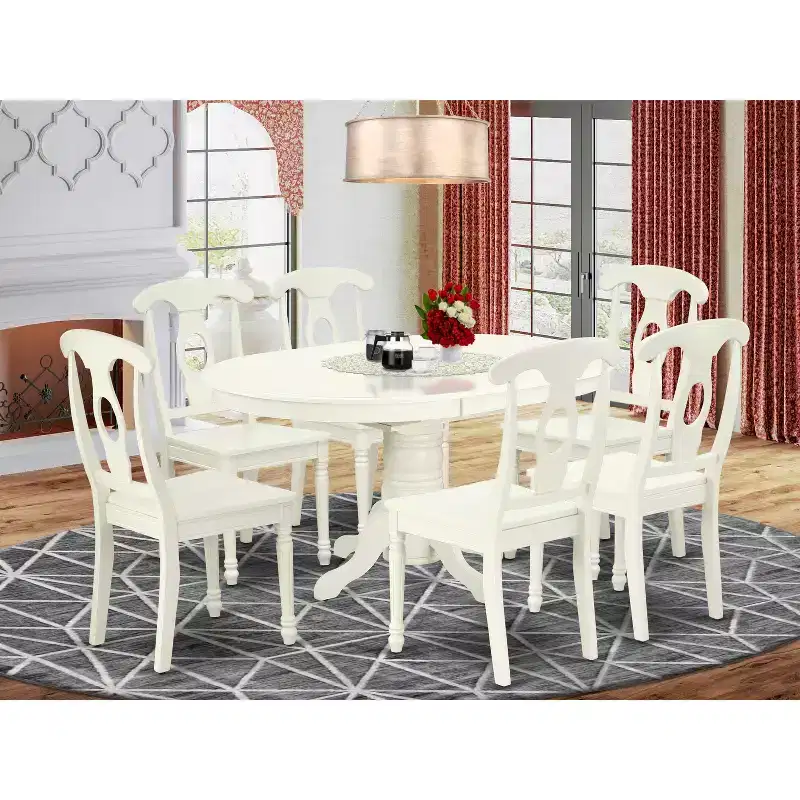 Asian Rubber Wood 7 Piece Oval Dining Table Set Linen White Kitchen Set