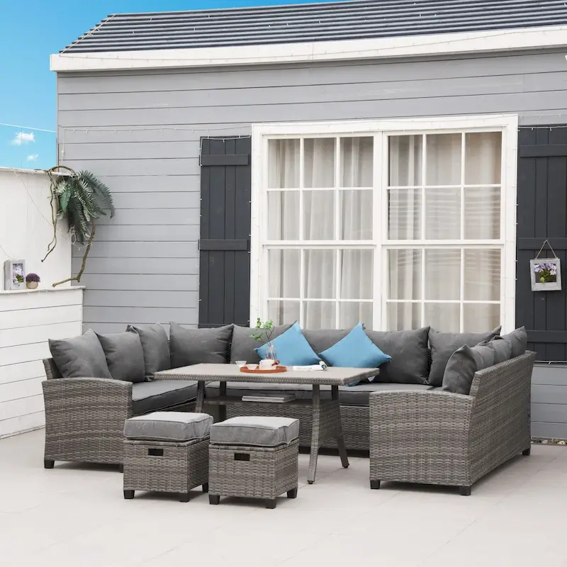 Outsunny 6 Piece Patio Wicker Sofa Set w/ Strip Wood Grain Plastic Coffee Table & Cushions, Mixed Grey - 68.5L x 24W x 28.25H