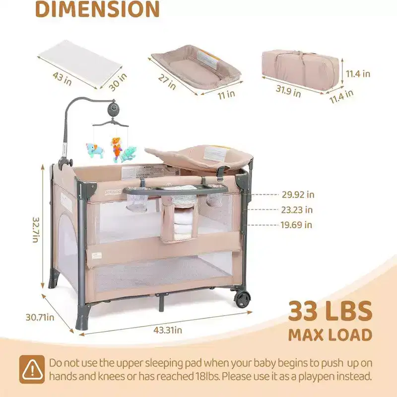 Aluminum 3-in-1 Baby Bassinet Bedside Sleeper 32.7''H x 43.31''W x 30.71''D
