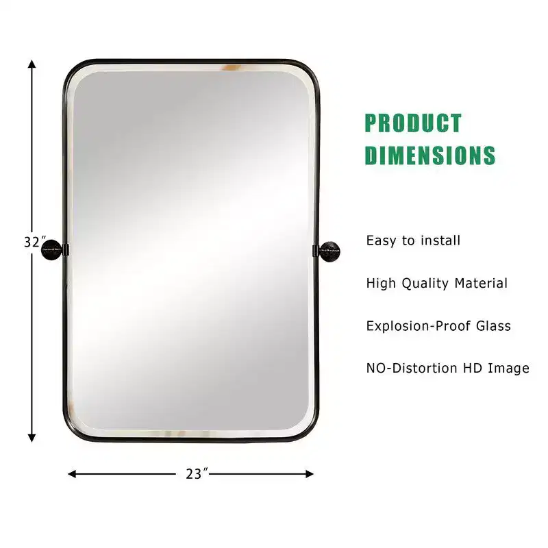 PexFix 36 x 24 Iron Rectangle Black Pivot Wall Mirror Tilting Bathroom Vanity Mirror Metal Framed Adjustable for Bedroom Living Room